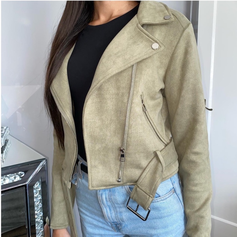PrettyLittleThing Sage Green Faux Suede Moto Biker Jacket Womens US 0 Cropped